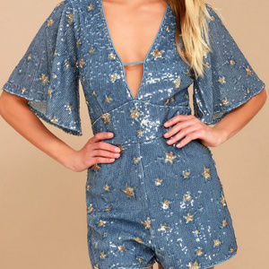 Supernova Light Blue Sequin Star Print Romper - SM